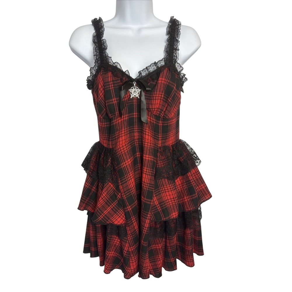 Red & Black Plaid Lace Med Gothic Dress Whimsigoth Vamp‎ Feminine Dark Romantic